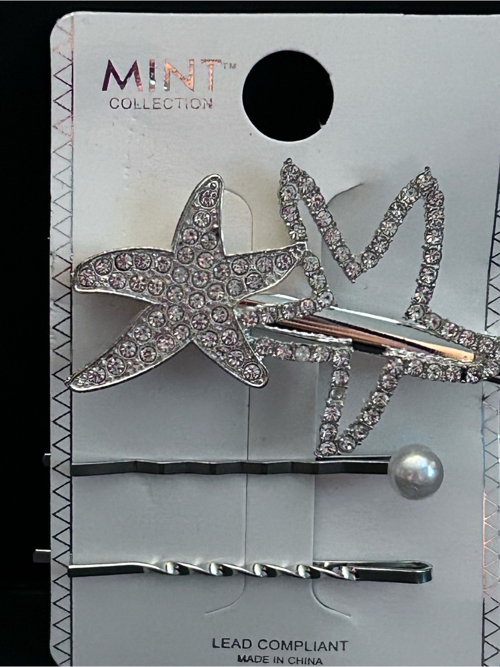 Mint Rhinestone Starfish Hair Clip Set of Two - Silver-tone w/Crystals and Pearl